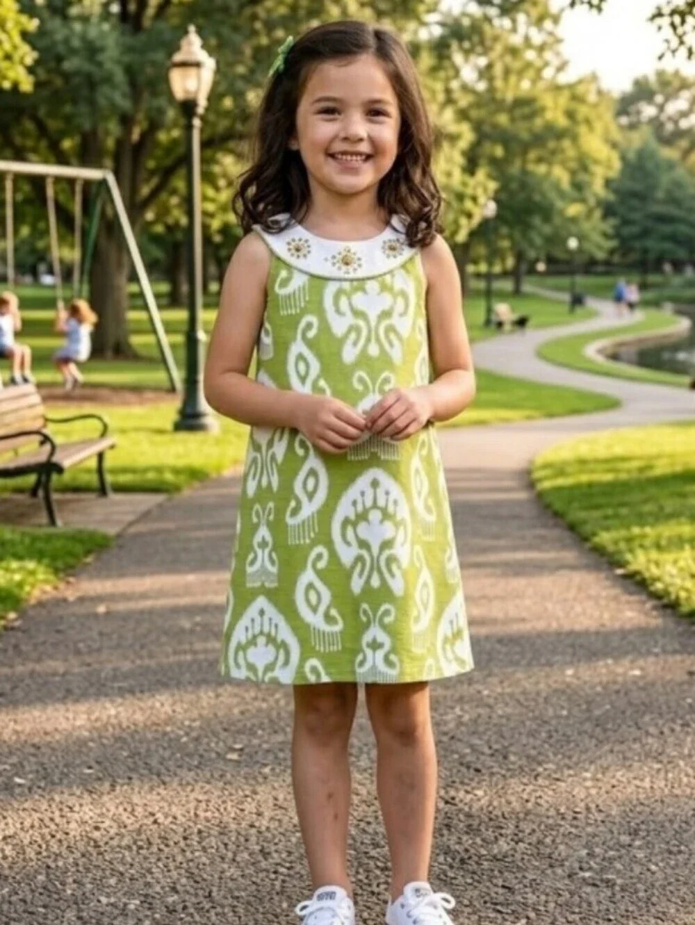 Gymboree Sleeveless Green Greek Isles Summer Dress with Jeweled Collar Sz. 4 EUC